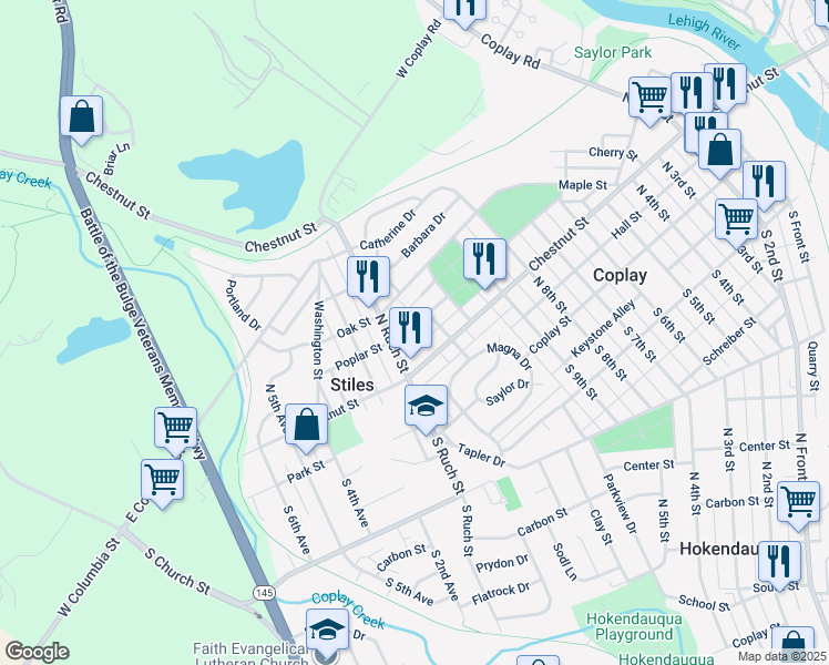 map of restaurants, bars, coffee shops, grocery stores, and more near 1123 Poplar Street in Coplay