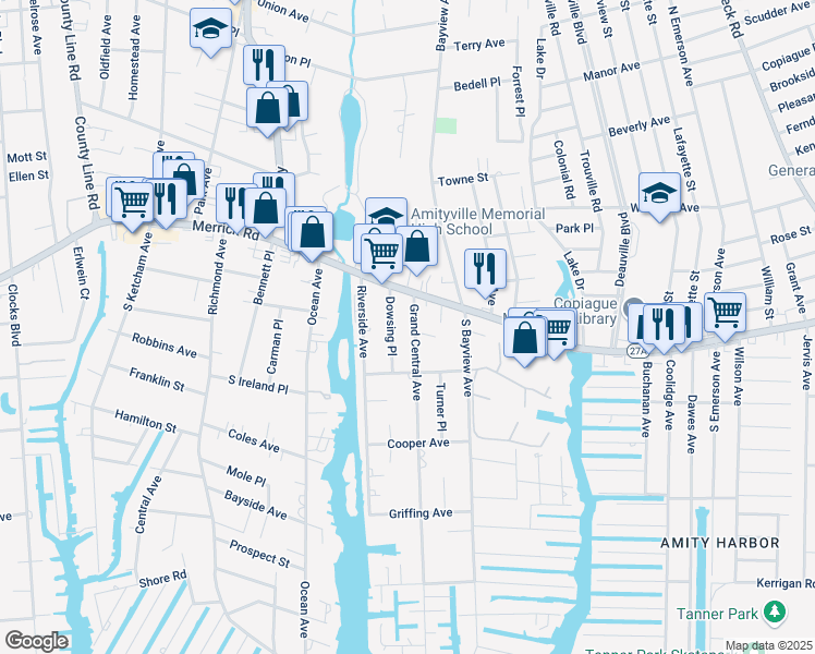 map of restaurants, bars, coffee shops, grocery stores, and more near in Amityville