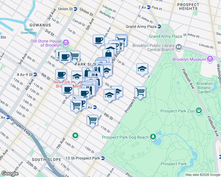 map of restaurants, bars, coffee shops, grocery stores, and more near 521 6th Street in Brooklyn