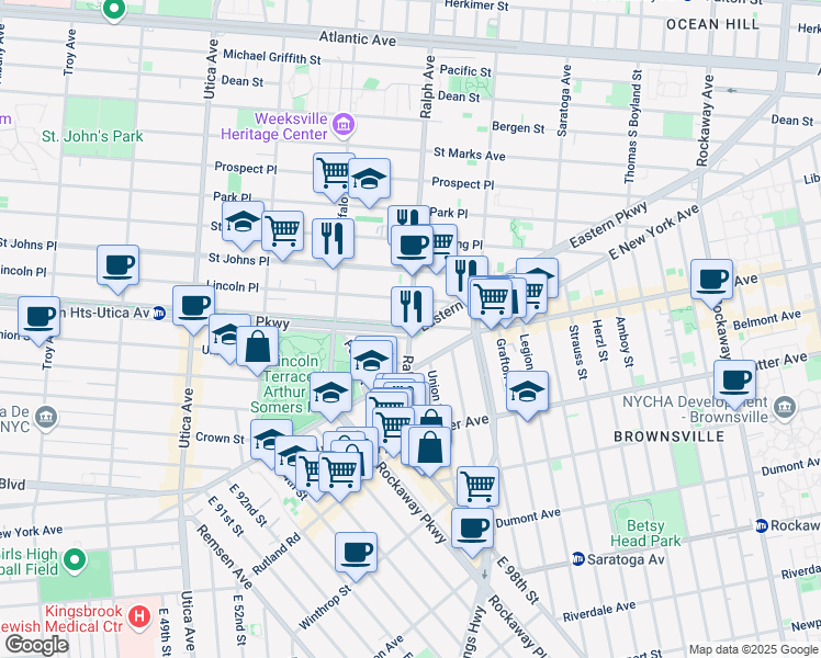 map of restaurants, bars, coffee shops, grocery stores, and more near Eastern Pkwy & Ralph Ave in Brooklyn