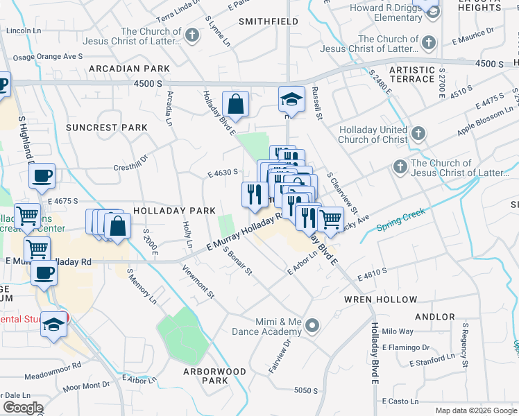 map of restaurants, bars, coffee shops, grocery stores, and more near 2237 East Murray Holladay Road in Holladay