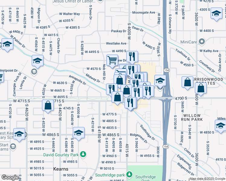 map of restaurants, bars, coffee shops, grocery stores, and more near 4679 Pagentry Place in West Valley City