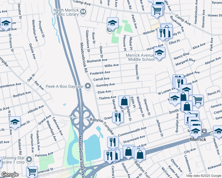 map of restaurants, bars, coffee shops, grocery stores, and more near 225 Elsie Avenue in Merrick