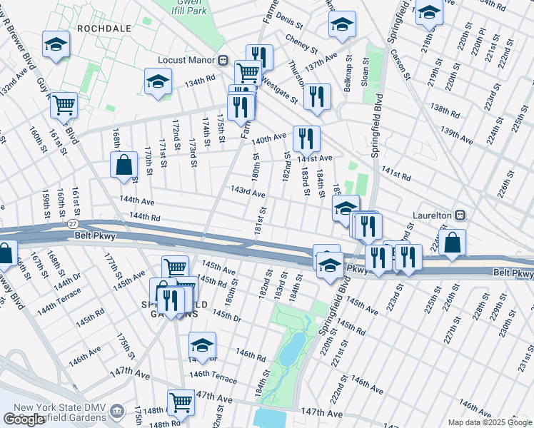 map of restaurants, bars, coffee shops, grocery stores, and more near 143-35 181st Place in Queens