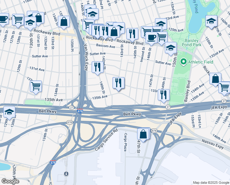 map of restaurants, bars, coffee shops, grocery stores, and more near 142-30 135th Avenue in Queens