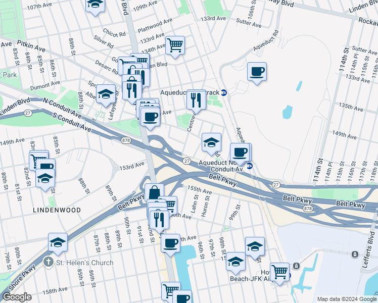 map of restaurants, bars, coffee shops, grocery stores, and more near 97-11 North Conduit Avenue in Queens