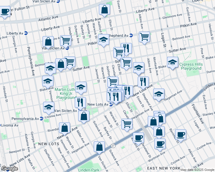map of restaurants, bars, coffee shops, grocery stores, and more near 937 Dumont Avenue in Brooklyn