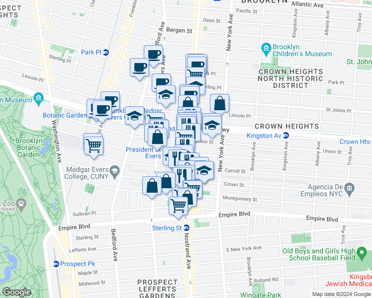 map of restaurants, bars, coffee shops, grocery stores, and more near 1180 President Street in Brooklyn