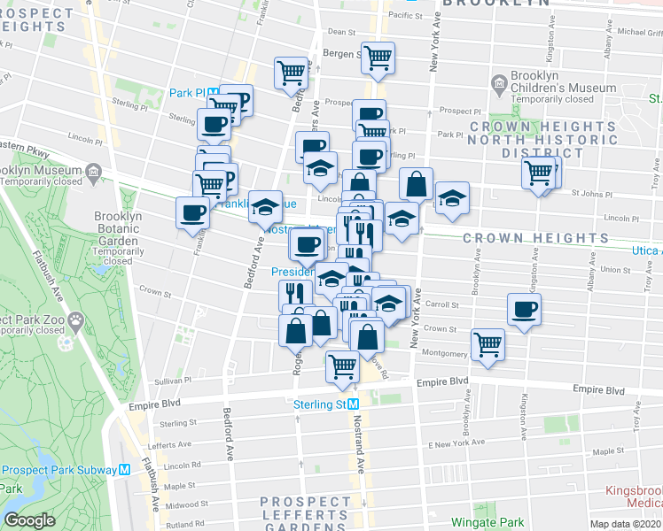 map of restaurants, bars, coffee shops, grocery stores, and more near 1180 President Street in Brooklyn