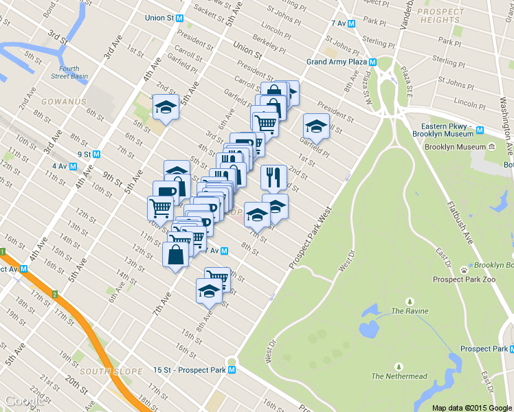 map of restaurants, bars, coffee shops, grocery stores, and more near 521 6th Street in Brooklyn