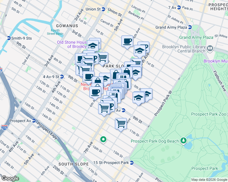 map of restaurants, bars, coffee shops, grocery stores, and more near 409 8th Street in Brooklyn