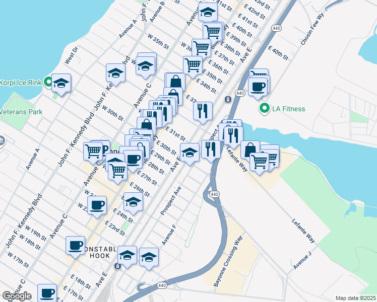 map of restaurants, bars, coffee shops, grocery stores, and more near 223 Prospect Avenue in Bayonne