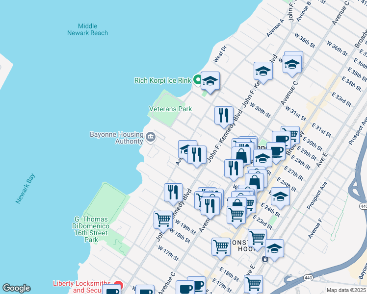 map of restaurants, bars, coffee shops, grocery stores, and more near 149 West 24th Street in Bayonne