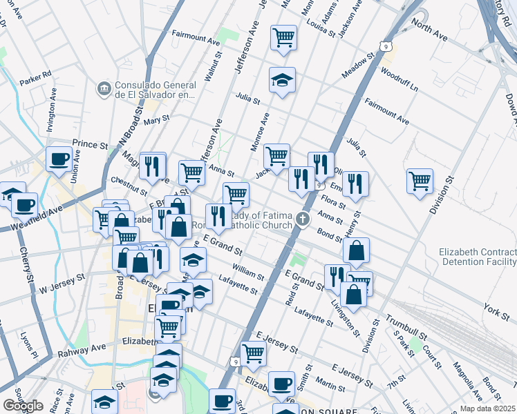 map of restaurants, bars, coffee shops, grocery stores, and more near 1051 Magnolia Avenue in Elizabeth