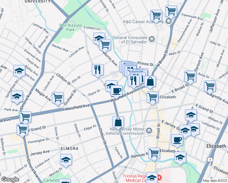 map of restaurants, bars, coffee shops, grocery stores, and more near 308 Cherry Street in Elizabeth