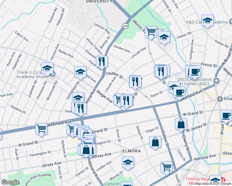 map of restaurants, bars, coffee shops, grocery stores, and more near 11 Gibson Place in Elizabeth