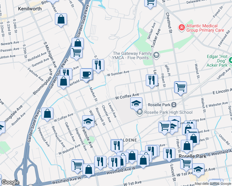 map of restaurants, bars, coffee shops, grocery stores, and more near 48B Colfax Manor in Roselle Park