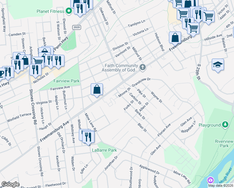 map of restaurants, bars, coffee shops, grocery stores, and more near 3245 Moore Street in Easton