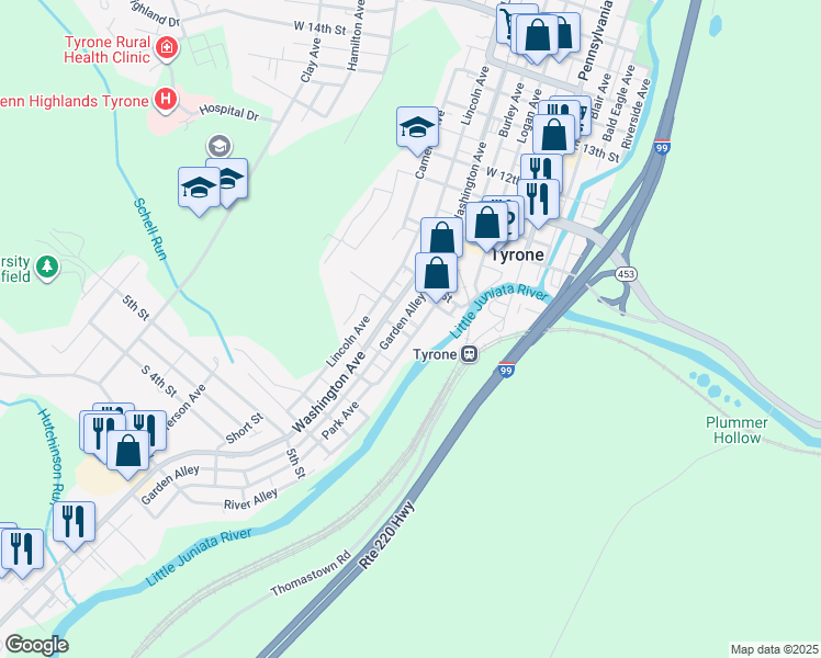 map of restaurants, bars, coffee shops, grocery stores, and more near 761 Park Avenue in Tyrone