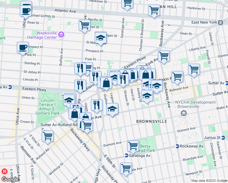 map of restaurants, bars, coffee shops, grocery stores, and more near 50 Legion Street in Brooklyn