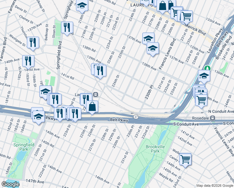 map of restaurants, bars, coffee shops, grocery stores, and more near 226-18 Mentone Avenue in Queens