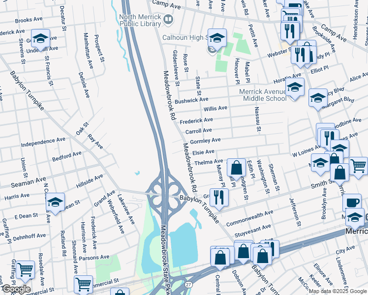 map of restaurants, bars, coffee shops, grocery stores, and more near 1960 Meadowbrook Road in Merrick