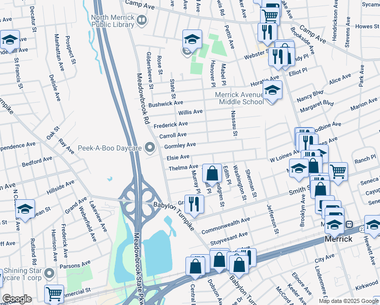map of restaurants, bars, coffee shops, grocery stores, and more near 225 Elsie Avenue in Merrick