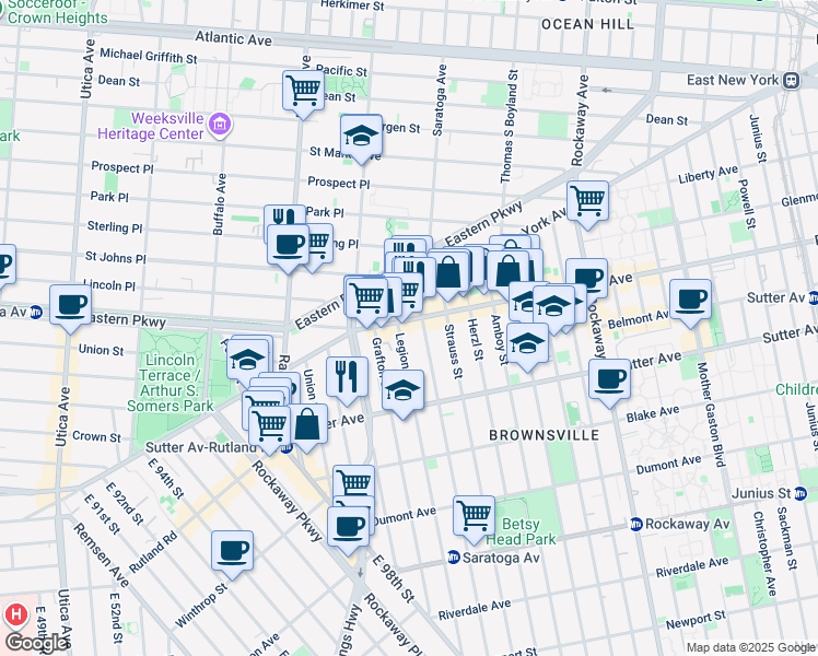 map of restaurants, bars, coffee shops, grocery stores, and more near 50 Legion Street in Brooklyn