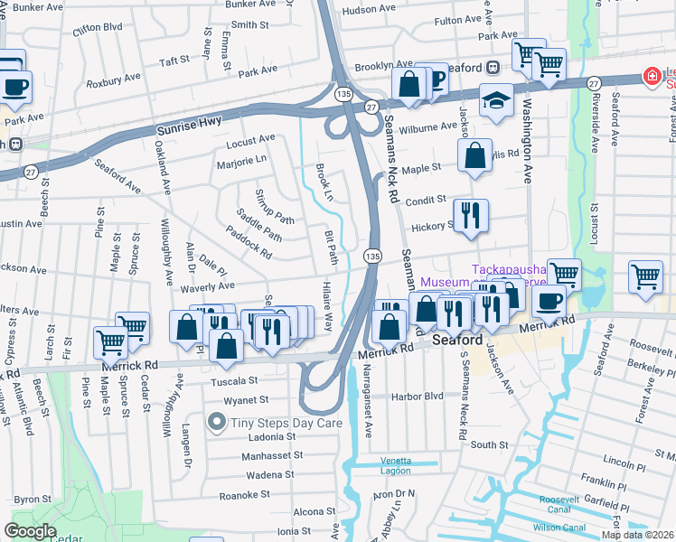 map of restaurants, bars, coffee shops, grocery stores, and more near 3772 Hilaire Way in Seaford
