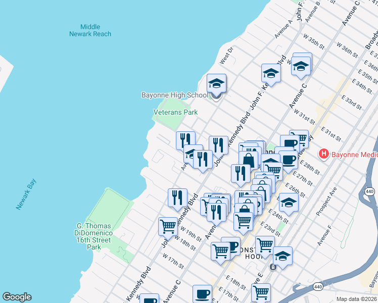 map of restaurants, bars, coffee shops, grocery stores, and more near 149 West 24th Street in Bayonne