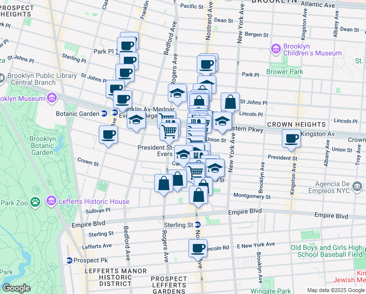 map of restaurants, bars, coffee shops, grocery stores, and more near 1153 President Street in Brooklyn