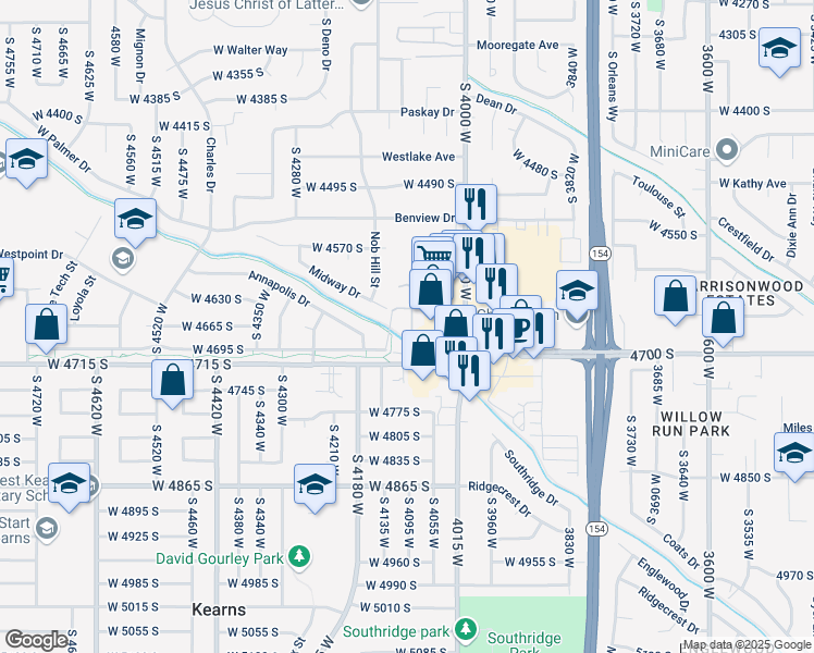 map of restaurants, bars, coffee shops, grocery stores, and more near 4679 Pagentry Place in West Valley City