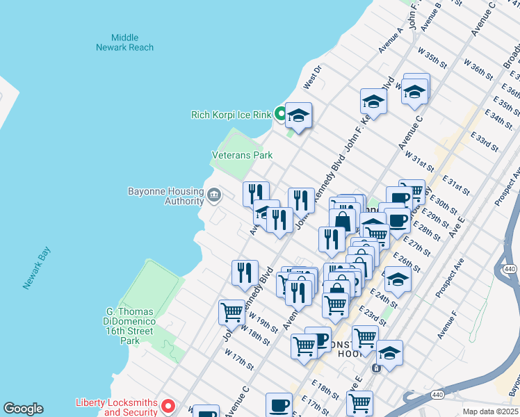 map of restaurants, bars, coffee shops, grocery stores, and more near 571 Avenue A in Bayonne