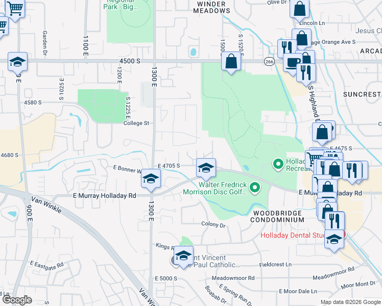 map of restaurants, bars, coffee shops, grocery stores, and more near 4681 San Lucas Court in Millcreek