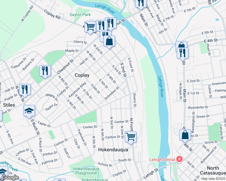 map of restaurants, bars, coffee shops, grocery stores, and more near 219 South 5th Street in Coplay