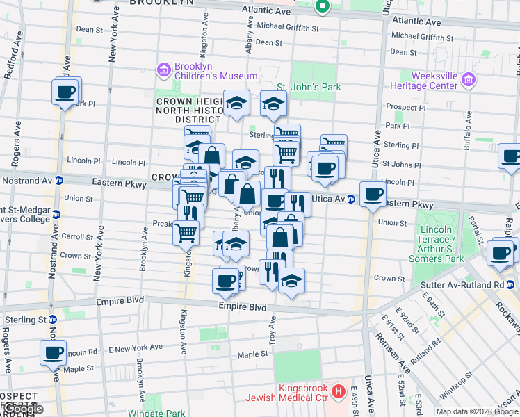 map of restaurants, bars, coffee shops, grocery stores, and more near 1589 Union Street in Brooklyn