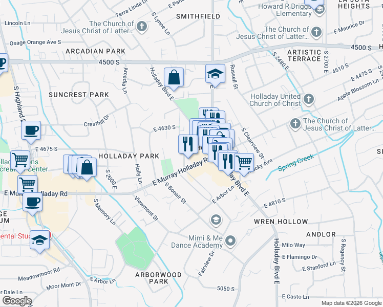 map of restaurants, bars, coffee shops, grocery stores, and more near 2237 East Murray Holladay Road in Holladay