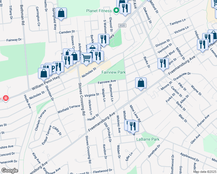 map of restaurants, bars, coffee shops, grocery stores, and more near 710 Butternut Lane in Easton