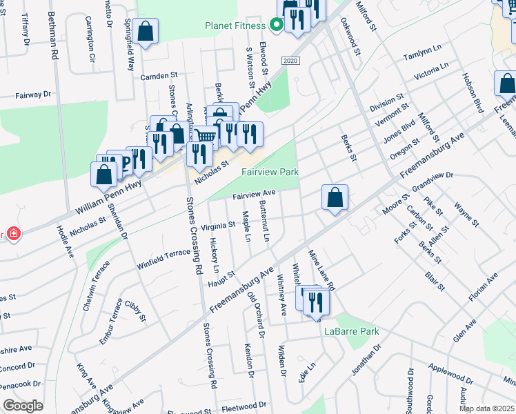 map of restaurants, bars, coffee shops, grocery stores, and more near 710 Butternut Lane in Easton