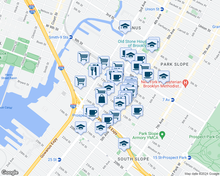 map of restaurants, bars, coffee shops, grocery stores, and more near 503 4th Avenue in Brooklyn
