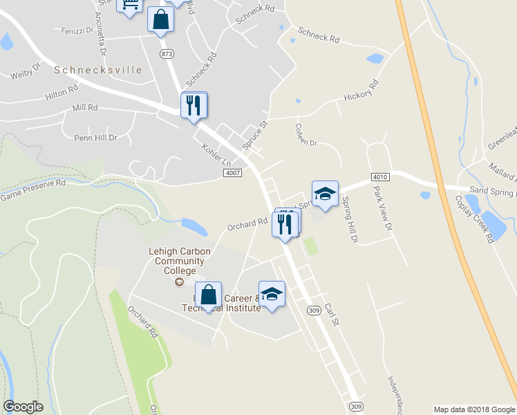 map of restaurants, bars, coffee shops, grocery stores, and more near 4620 Highway 309 in Schnecksville