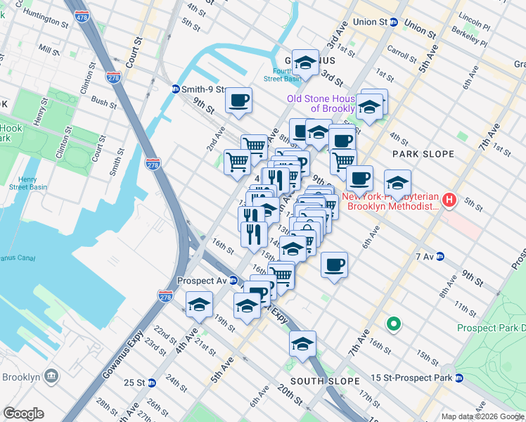 map of restaurants, bars, coffee shops, grocery stores, and more near 193 13th Street in Brooklyn