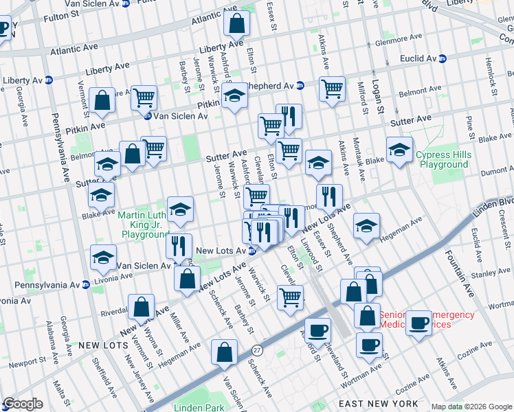 map of restaurants, bars, coffee shops, grocery stores, and more near 937 Dumont Avenue in Brooklyn