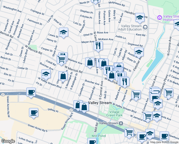 map of restaurants, bars, coffee shops, grocery stores, and more near 360 West Merrick Road in Valley Stream