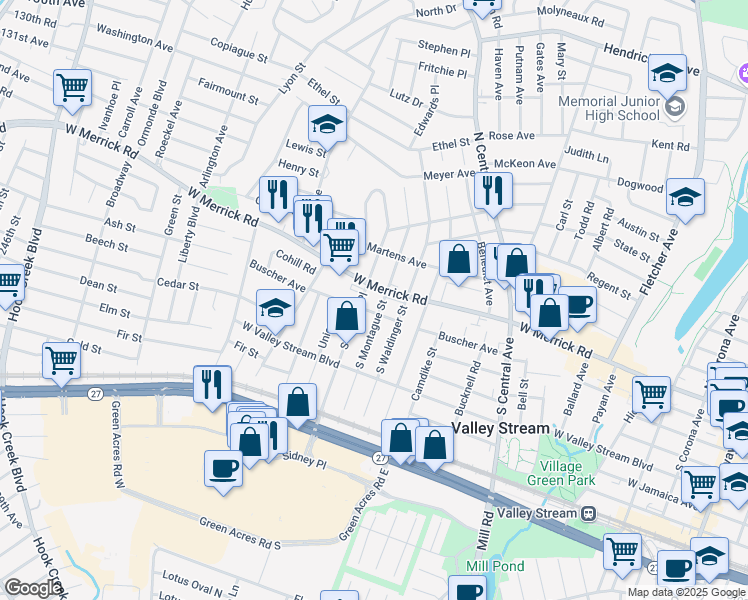map of restaurants, bars, coffee shops, grocery stores, and more near 27 South Terrace Place in Valley Stream