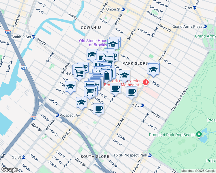 map of restaurants, bars, coffee shops, grocery stores, and more near 404 10th Street in Brooklyn