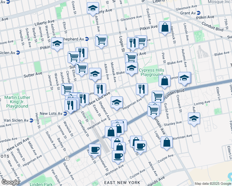 map of restaurants, bars, coffee shops, grocery stores, and more near 410 Montauk Avenue in Brooklyn