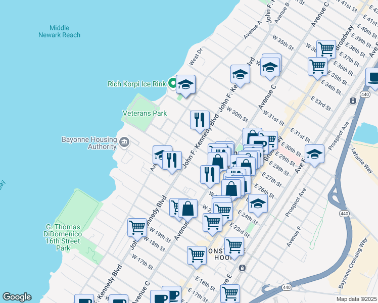 map of restaurants, bars, coffee shops, grocery stores, and more near 661 John F Kennedy Boulevard West in Bayonne