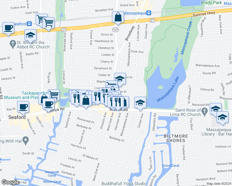 map of restaurants, bars, coffee shops, grocery stores, and more near 2 Fairfield Road in Massapequa