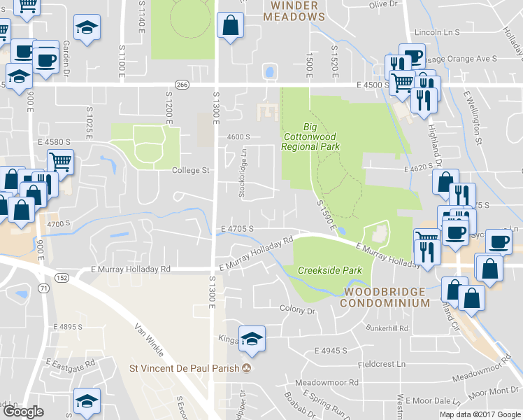 map of restaurants, bars, coffee shops, grocery stores, and more near 4681 San Lucas Court in Millcreek